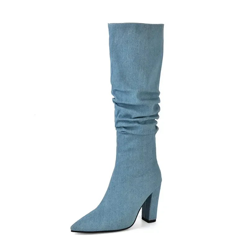 Charm Denim Jeans Blue Black Pointed Toe Stiletto Shoes Slip-on Winter Luxury Shoes Block High Heels Knee-high Women Boots