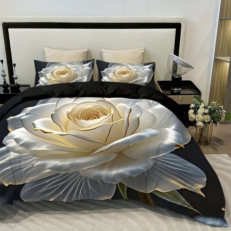 Luxury Golden Edged White Rose Bedding Set 3D Floral Duvet Cover Set Elegant Black Base Wedding Home Textile Pillow Covers