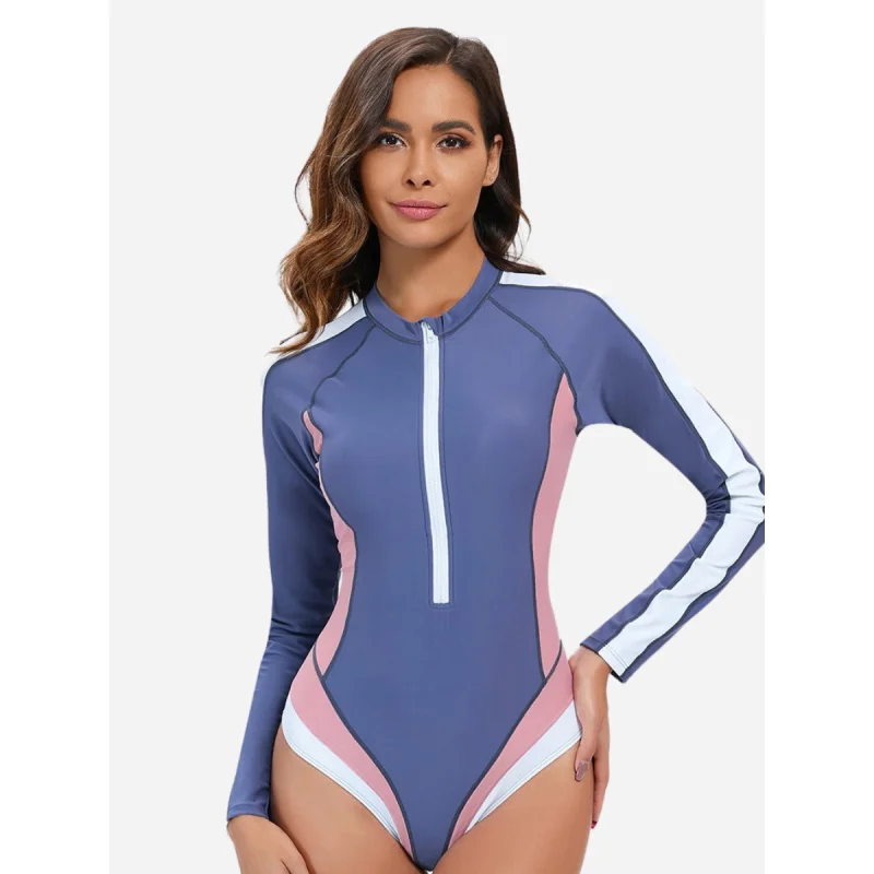 

Color Block Front Zip Swimwear One Piece Women Rash Guard Swimsuit Long Sleeve UPF 50+ Surfing Beach Wear