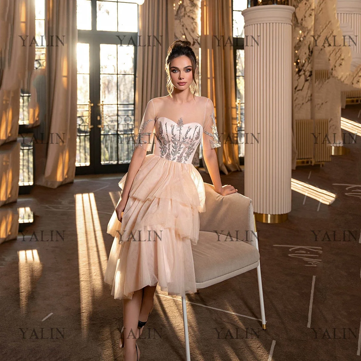 

YALIN Illusion O_Neck Short Sleeve Party Dresses Tea_Length Lace Up Champagne Prom Dress Pleated A-line Tulle Evneing Gowns