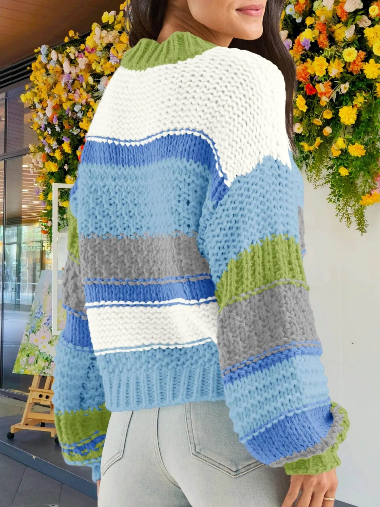 Sweater Wanita Warna-Blok Rajutan Tebal Bergaris Model Crop Kerah Bulat Lengan Panjang Musim Gugur Atasan Pullover Longgar