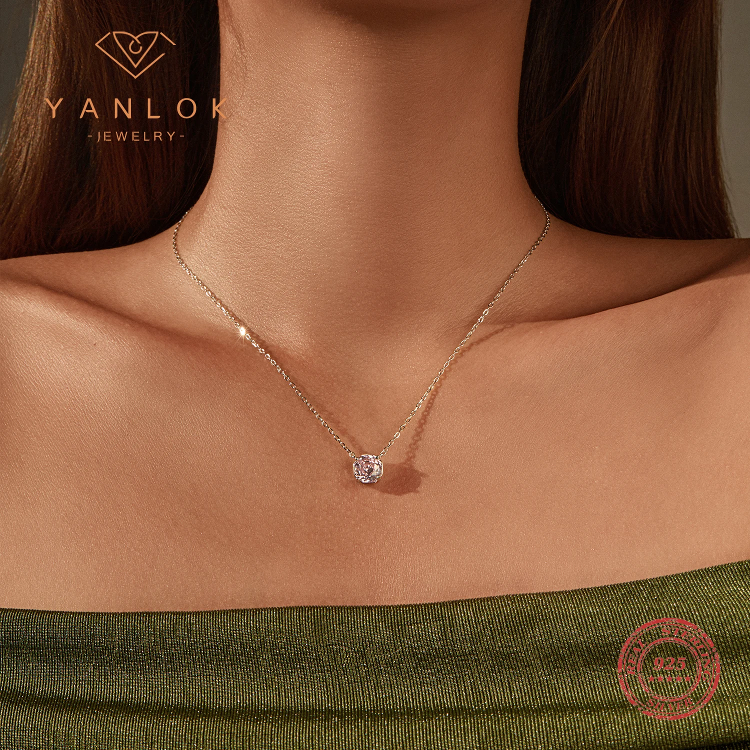YANLOK Sweet Light Pink Octagon CZ Necklace 925 Sterling Silver Fashion Rose Cut Pendant Necklace For Women Fine Jewelry
