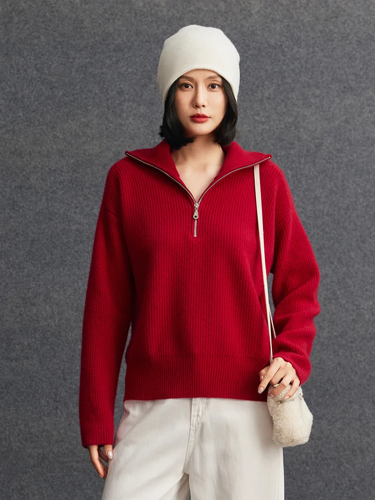 レディース 100% カシミヤ セーター ハーフジッパー セーター ターンダウンカラー 厚手 プルオーバー プレッピースタイル 高級 秋冬 ルーズトップ