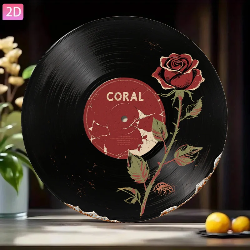Vintage Vinyl Record Wall Art, 2D Flat Aluminum Panel, Black Floral Design with Red Roses Green Leaves, Home Bar Café Decor, 19.
