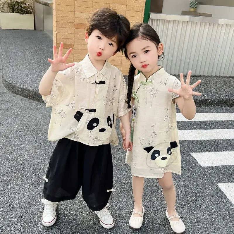 Hanfu Boys And Girls Tang Costume Summer Sets Chinese Cartoon Panda Style Children's Cheongsam Dress Sweet Casual Clothes