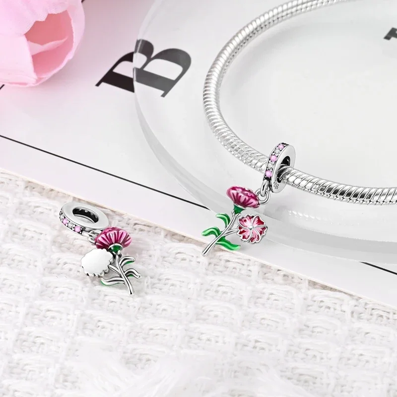 Original Charms 925 Silver Purple Carnation Plant Beads Fit Charms Plata 925 Bracelets For Women Women Jewelry Making Diy