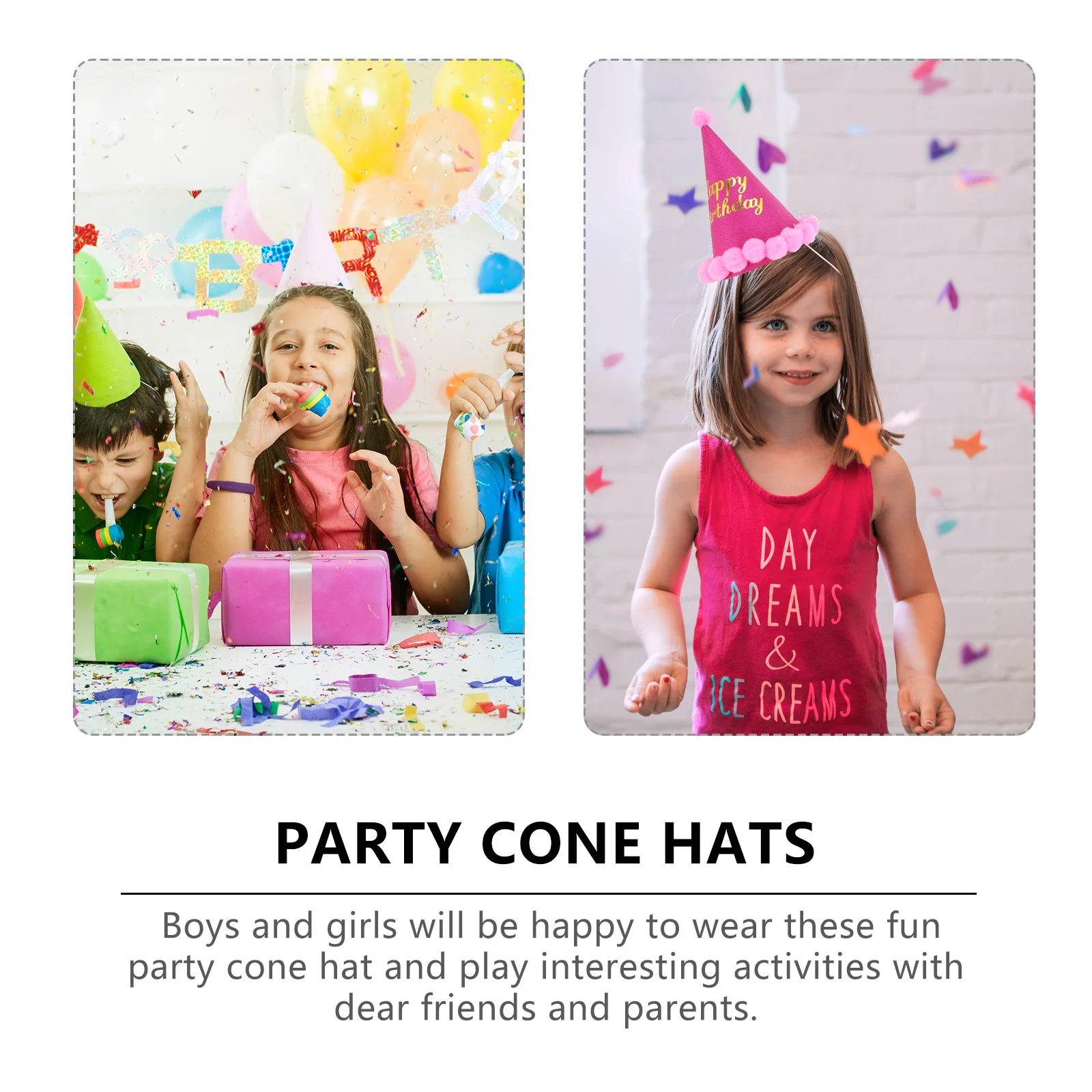 

10pcs Birthday Party Hats Kids Cone Glitter Paper Design Colorful Patterns Festive Pom Poms Child Headdress Celebration