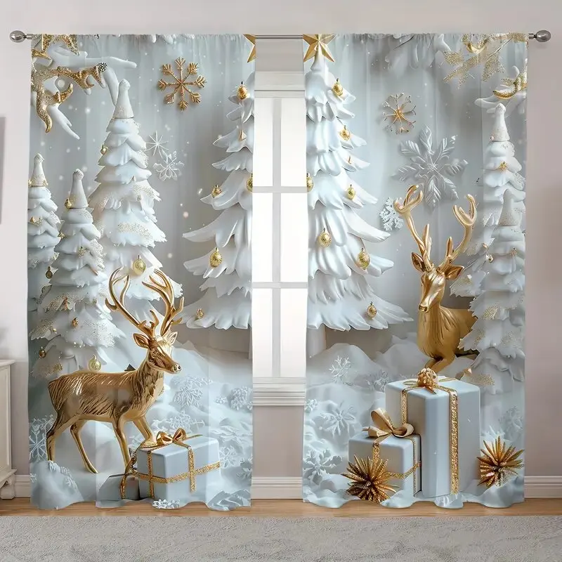 2 uds.-cortinas estampadas con diseño de árbol de nieve y Reno Dorado, cortinas con bolsa de poste, decoración del hogar, decoración de la habitación