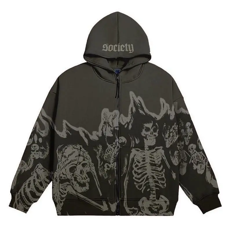 Anime Skull Hoodies Women Men Vintage Gothic Zip Up Long Sleeve Streetwear Loose Coats Harajuku Letter Print Hooded Sweatshirts