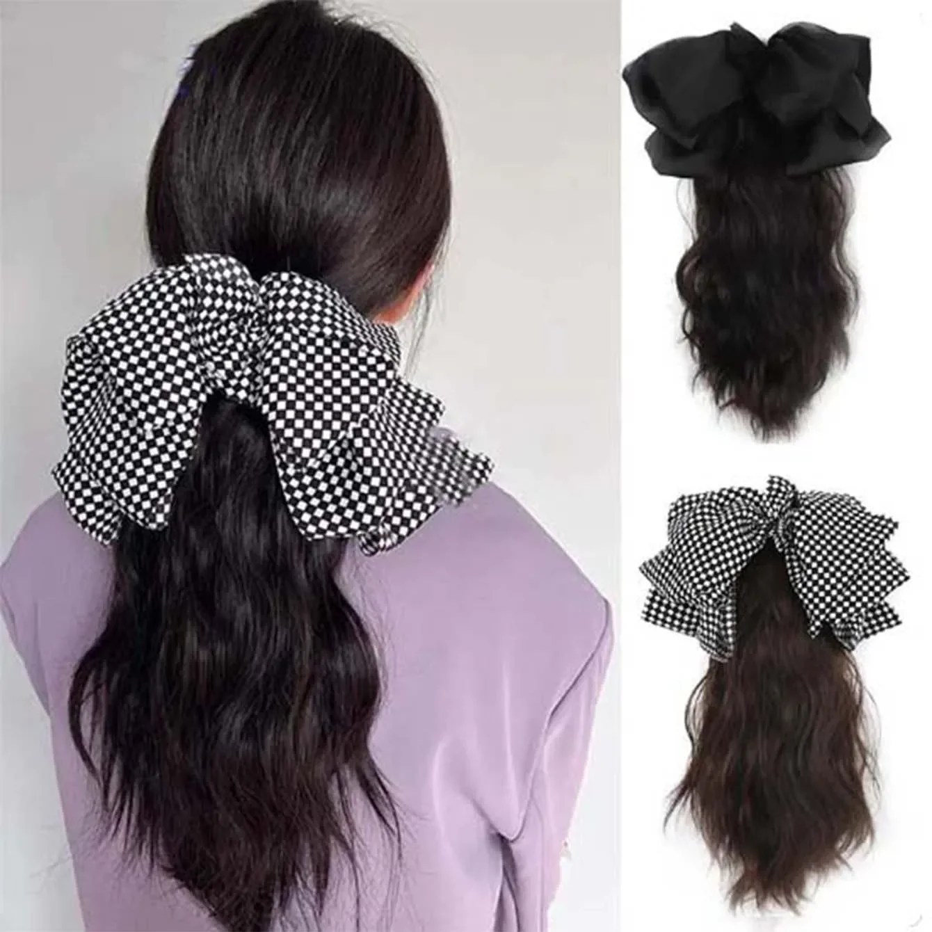 Synthetic Ponytail Women\'s Long Curly Hair Claw Clip Ponytail Bow Simulation Ponytail Braid Low Tie Hair Accessories