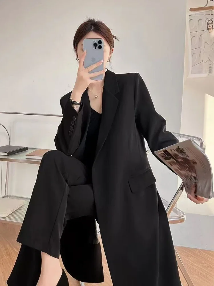 Chaqueta de traje larga informal holgada con una hilera de botones para mujer, gabardina negra de primera calidad para primavera y otoño, elegante, 2025