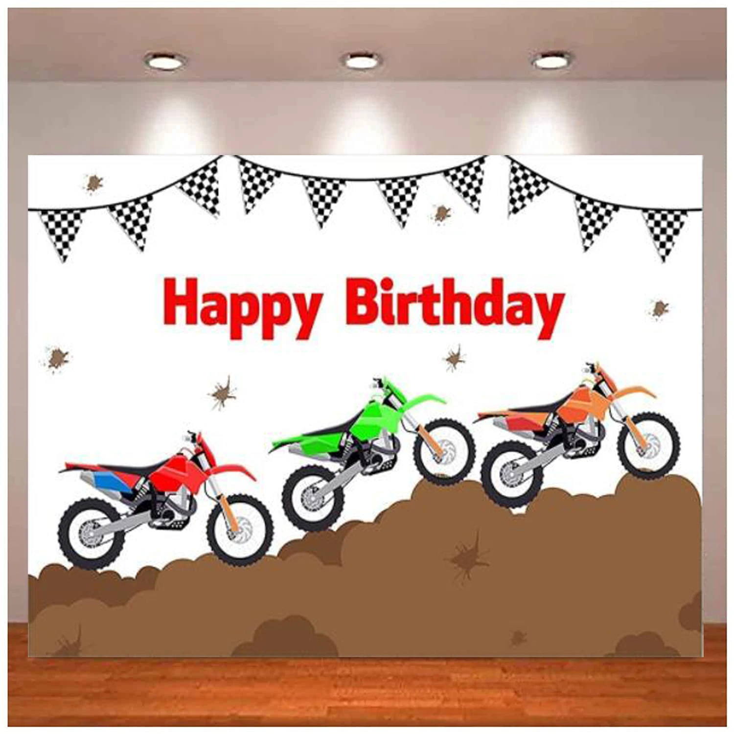 

Boys Happy Birthday Photography Backdrop Racing Motorcycle Mountain Cross Country Black White Flags Background Party Decorations