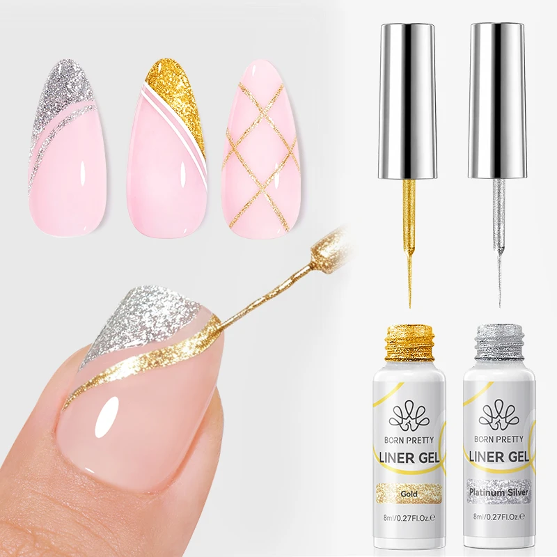 BORN PRETTY 2PCS 8ml Gorgeous Glitter Liner Gel Polish Gold Silver French Painting DIY Drawing Graffiti Painting Stripe Nail Art