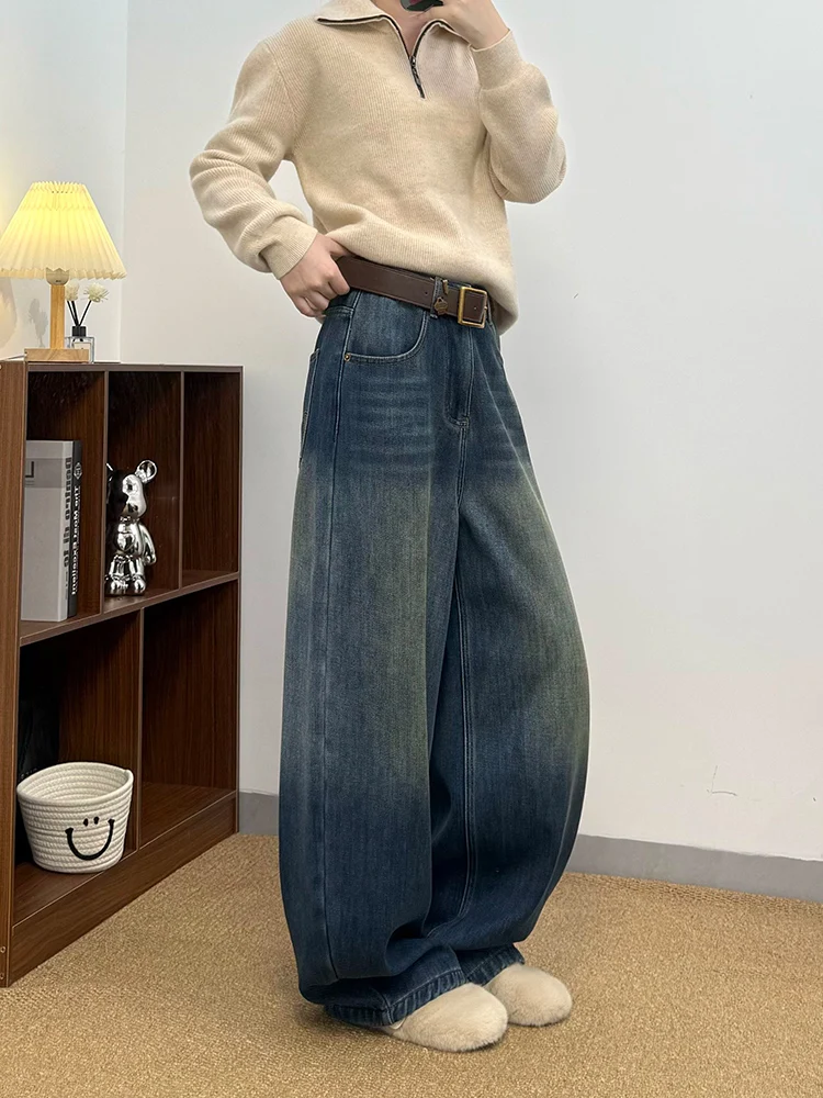 

Женские осенне-зимние широкие джинсы Thiened Fce, свободный крой, утягивающие джинсы с высокой талией, винтажные Гонконгские сле