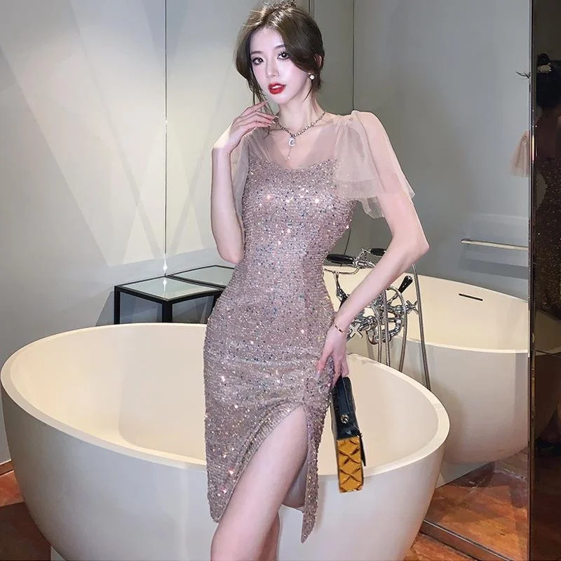 

Сексуальное сверкающее облегающее платье с разрезом для похудения Dr с высокой талией ort Sve из полиэстера и нейлона Cosite Fiber, лето 2023, женское Dr