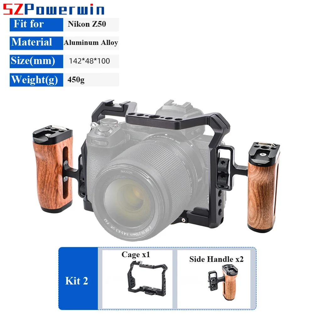 Powerwin For Nikon Z50 Camera Cage with wooden Handle Kit Aluminum Alloy Multifunctional Arri Locating Screw Protective Fram