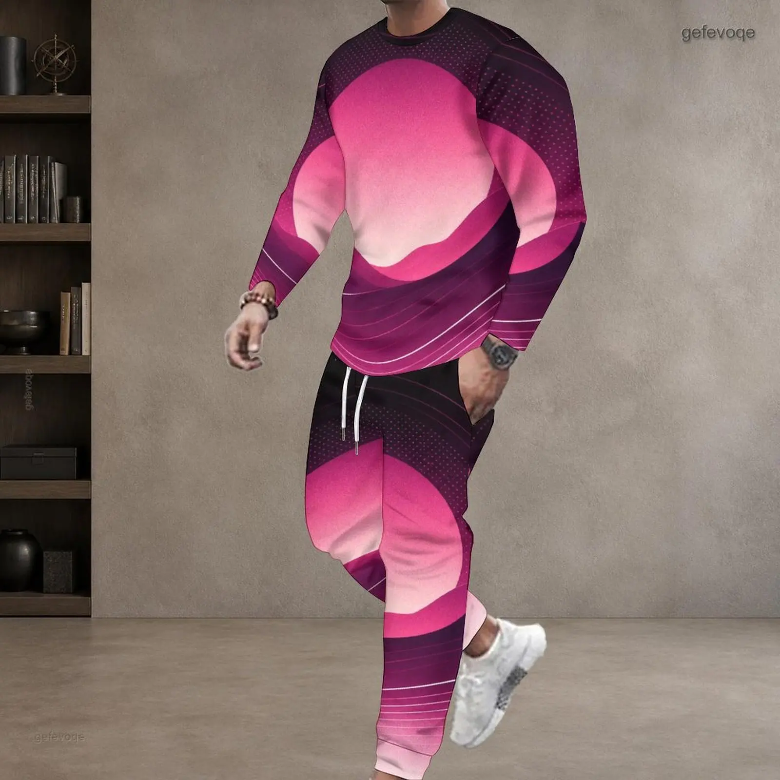 Round Neck Long Sleeve Top Cuffed Pants Two Piece Printed Pants Set for Men