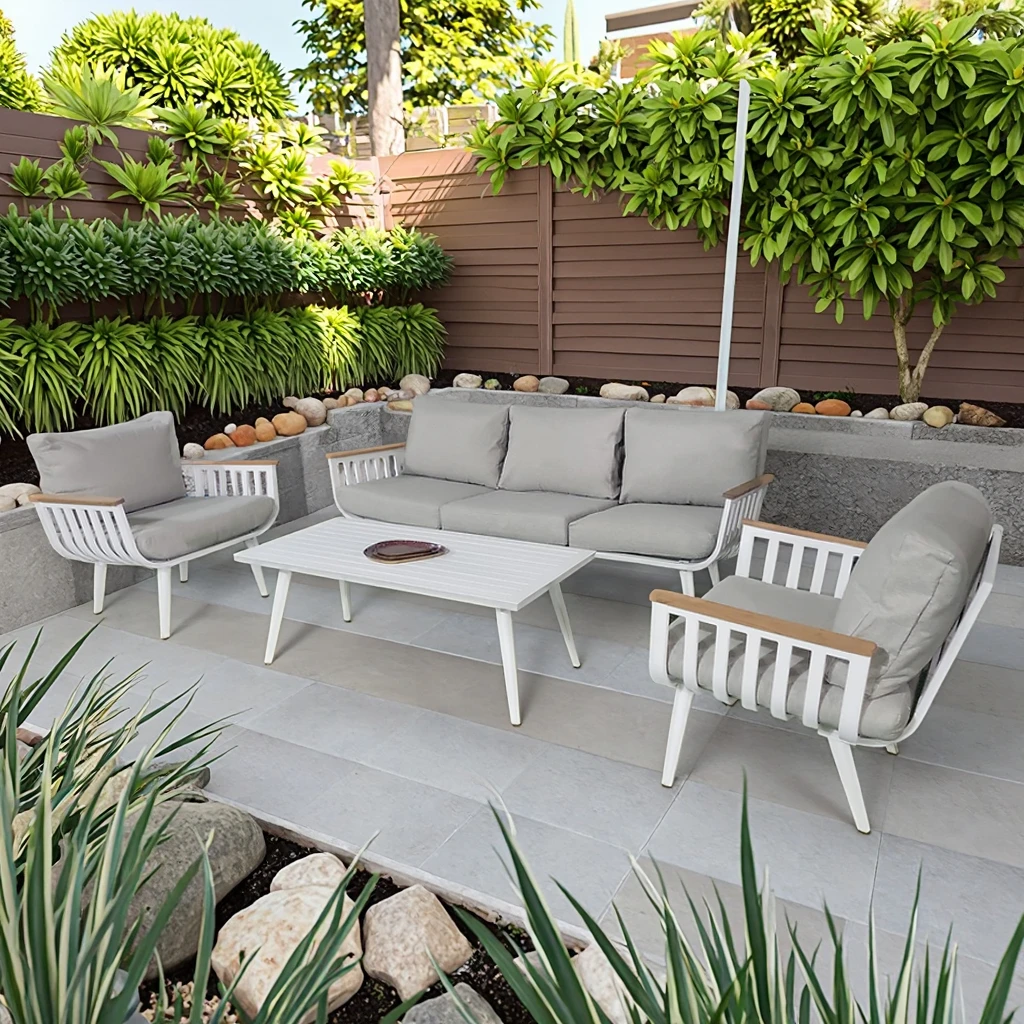 

Aluminium Outdoor Furniture Patio Lounge Chair 5 Persons Seating Group with Teak Wood Waterproof Garden Sofa Set