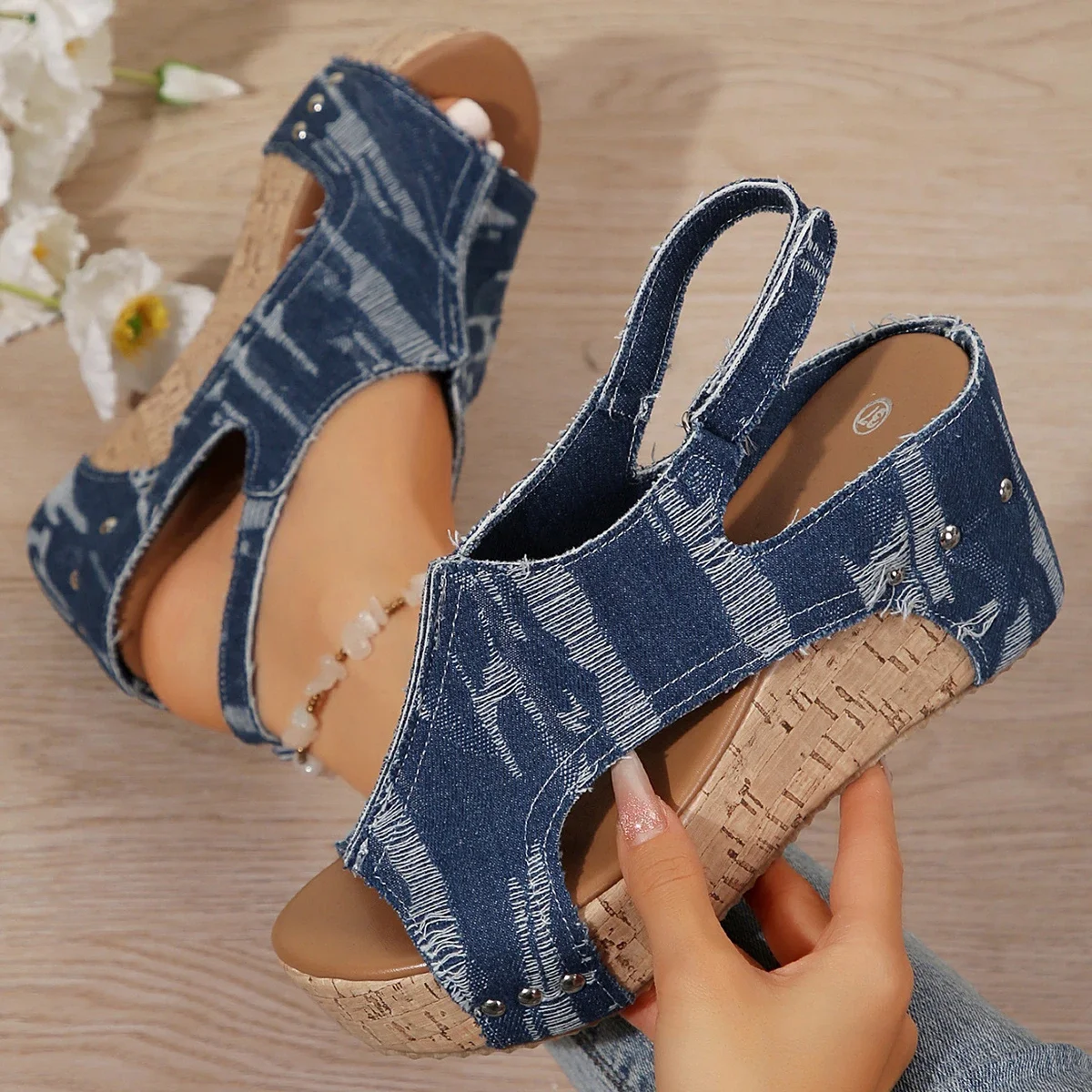 Summer Women\'s Platform Wedges Sandals Retro Peep Toe Denim Women\'s High Heel Sandals Outdoor Casual Platform Shoes for Women