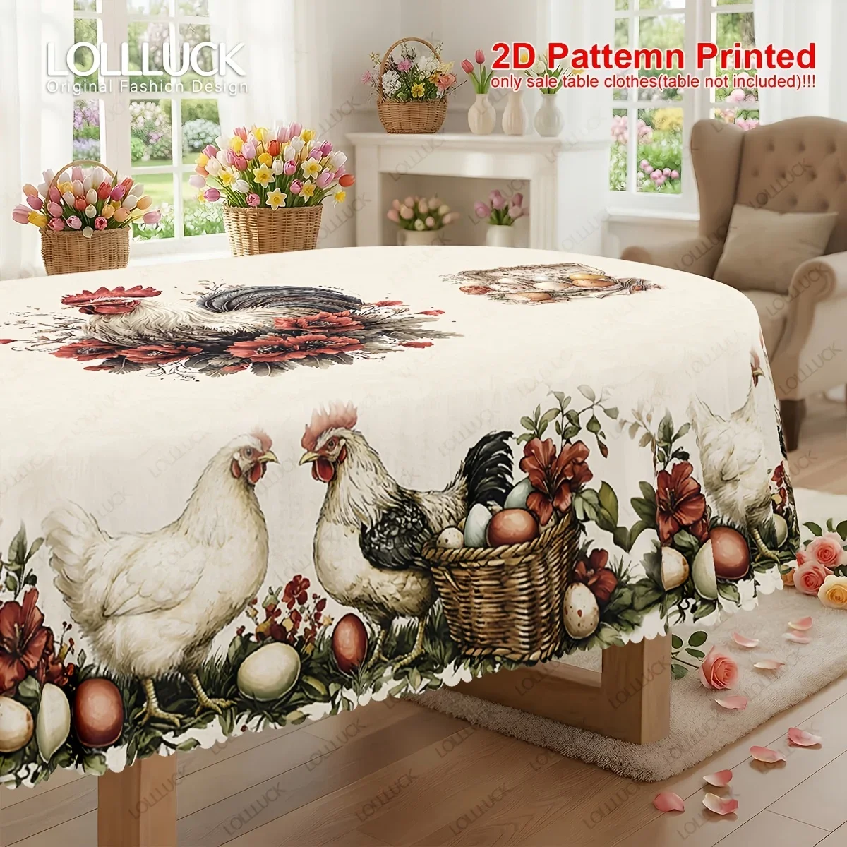 1 piece, a tablecloth with a rooster theme, featuring a design of eggs, chicks and flowers in spring and summer colors.xzj