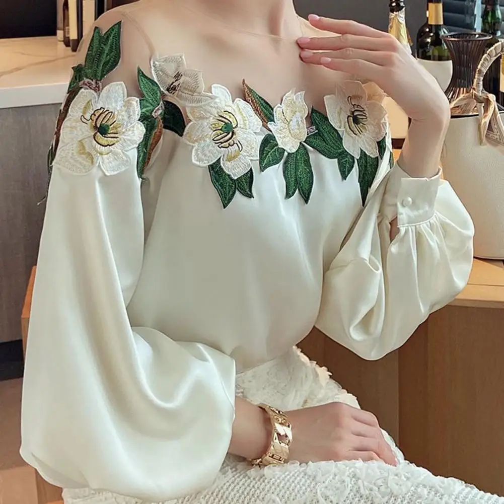 Stylish Long Sleeve Blouse Stylish Women\'s Satin Embroidered Gauze Shirt Breathable Comfortable Elegant Lady\'s Top Polyester