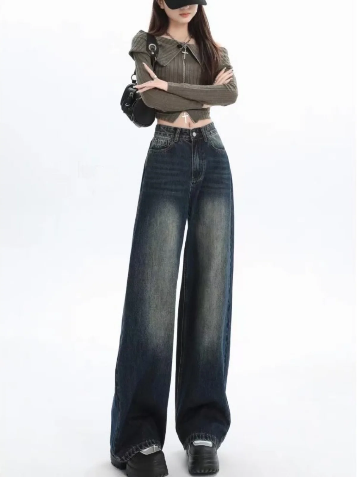 

YS YuanSen American Retro Wide Leg Jeans High Waist Loose Fitting Conceal Meat Straight Long Pants Casual High Waist Wide Leg...