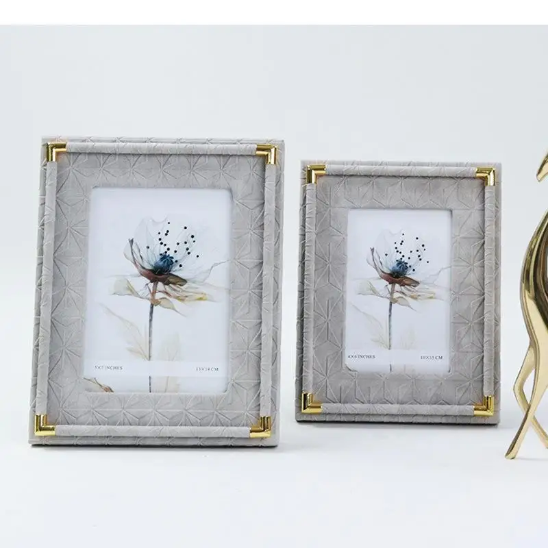 

Gray Leather Photo Frame Gold Frames for Pictures Desk Decoration Figures Portrait Framed Art Aesthetics Room Decor