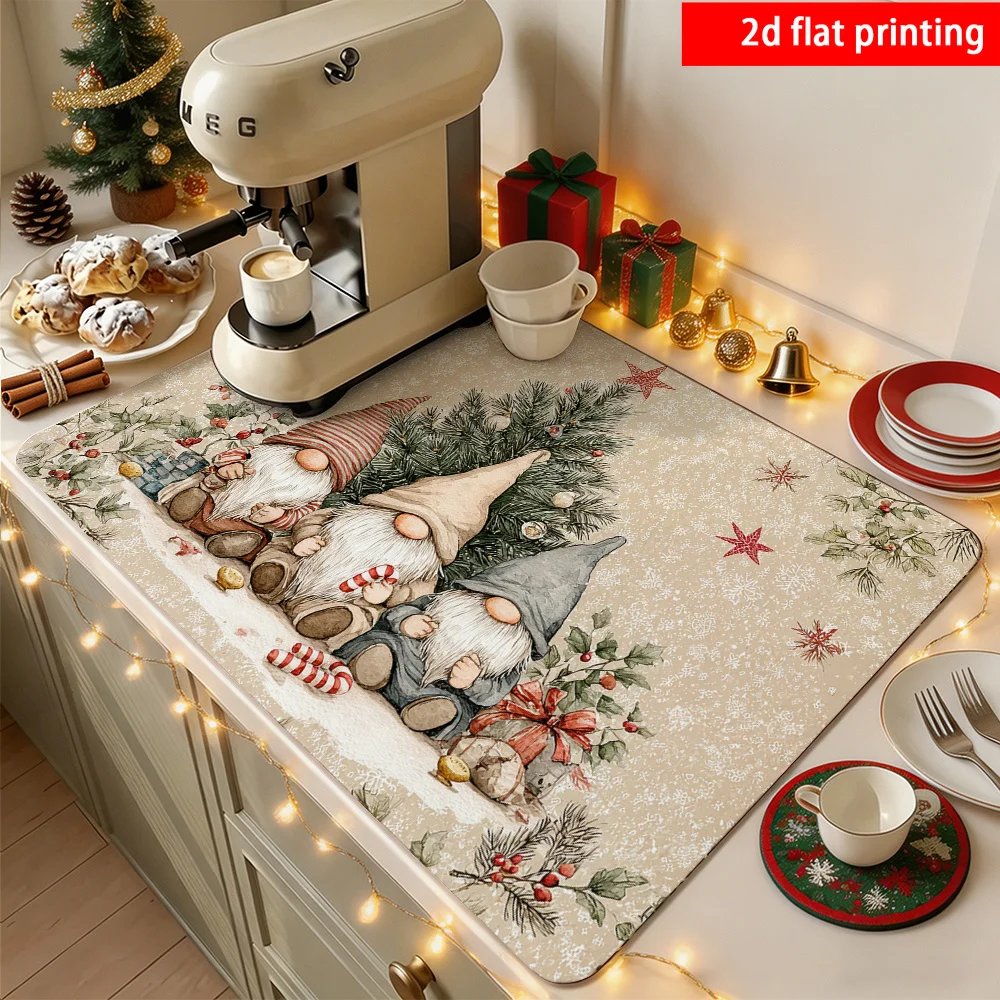 Quick Dry Non Slip Holiday Counter Pad Cute Gnome Candy Cane Print Super Absorbent Coffee Bar Accessory