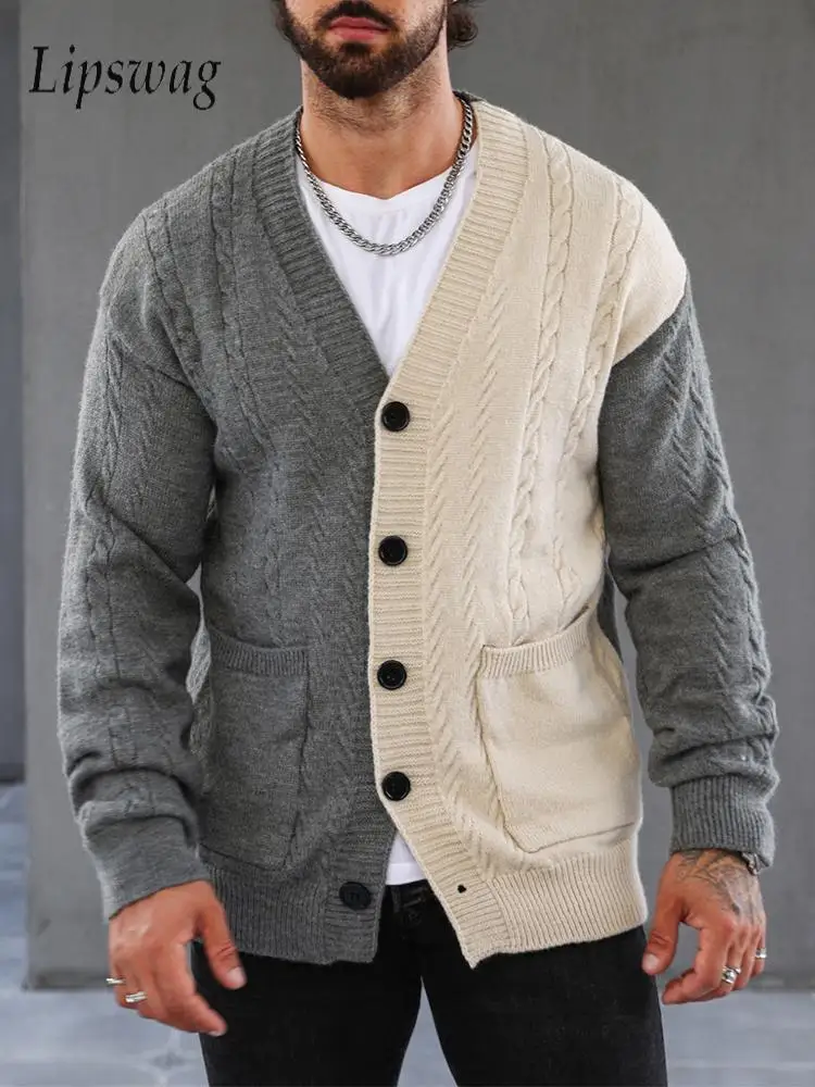 

Knitting Cardigan Mens Jackets 2024 Autumn Stylish Contrast Color Buttoned V Neck Sweater Coat Men Vintage Knitting Sweatercoats