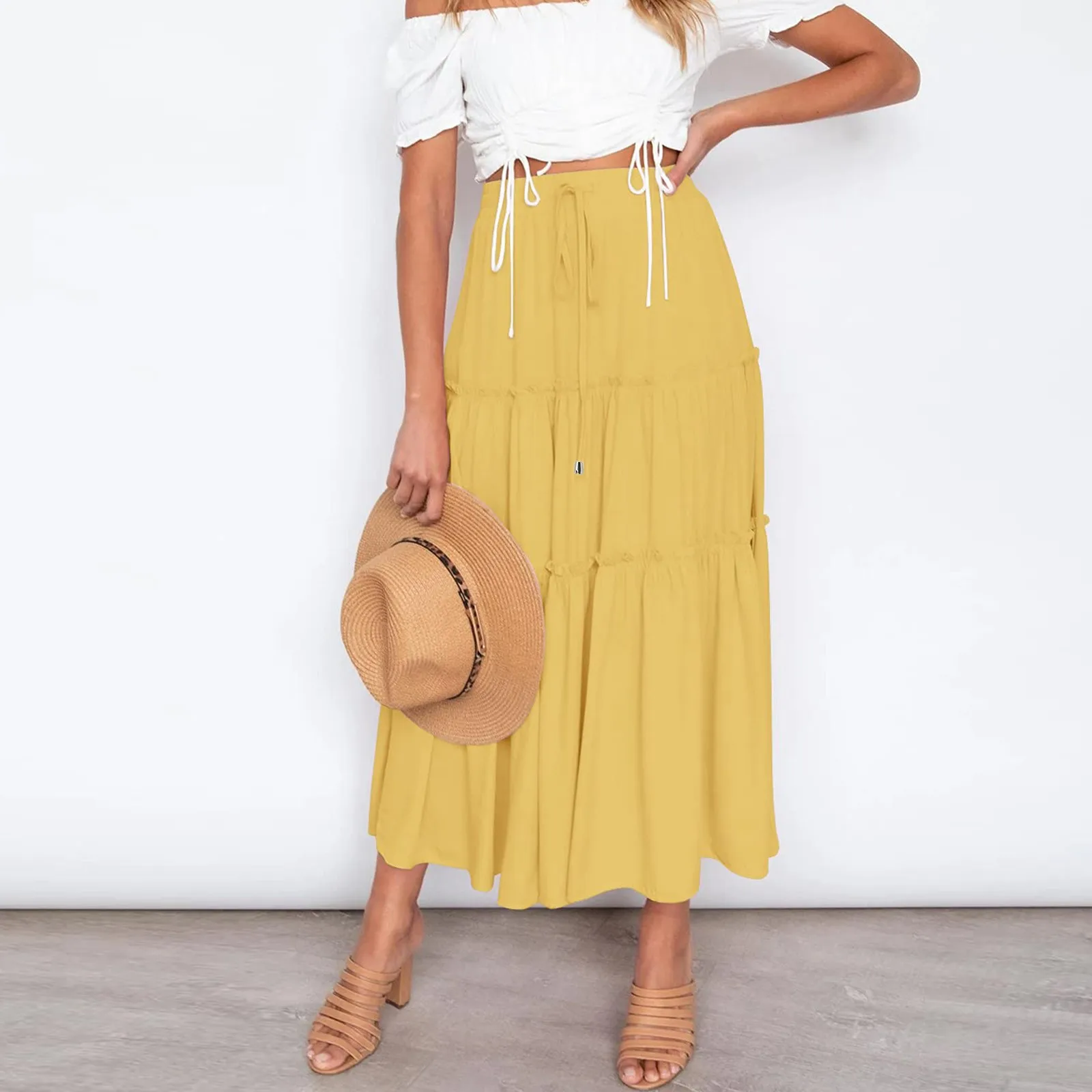 Dames Elastische Hoge Taille Boho Maxi Rok Ruches A Line Swing Lange Rokken Rok Voor Meisjes Luipaard Rok Rok Overall