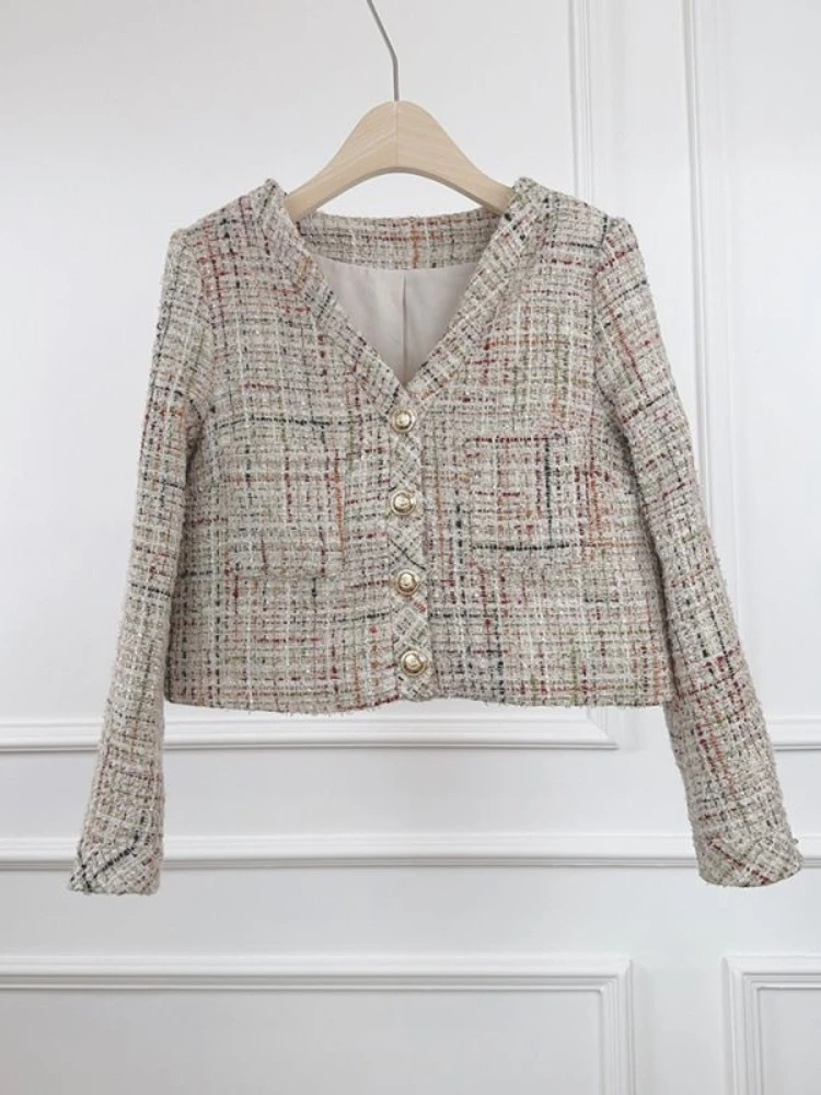Colorful Plaid Tweed Small Fragrant Style Short Jacket Single Row Gold Button Neck Long Sleeved Socialite Style Top for Women