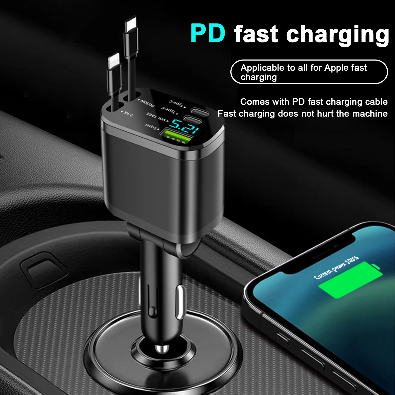 

5 IN 1 Retractable Car Charger PD Retractable Cable USB Type C For Samsung Huawei Fast Charging Cord Cigarette Lighter Adapter