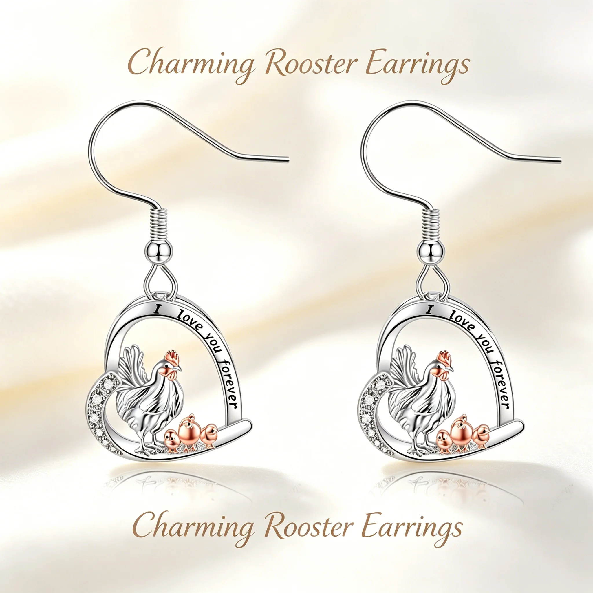 Two-Tone Silvery & Rosegold Zinc Alloy Hen & Chicks Heart Dangle Earrings 