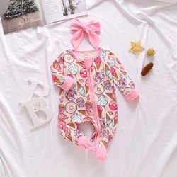 0-6M Newborn Baby Footies Cute Infant Girls Ruffles Long Sleeve Jumpsuit Cactus Donuts Print Spring Autumn Clothing