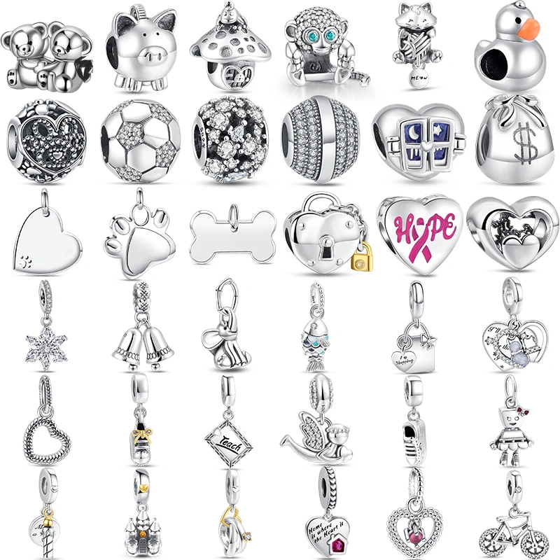 

925 Sterling Silver Clear Charms Beads Bear Football Monkey Paw Bells Candle Bike Fit Original Pandora Bracelet Jewelry Gift