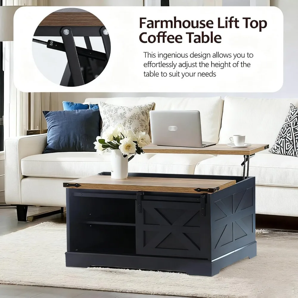 Farmhouse Lift Top Coffee Table with Hidden Storage Square Coffee Table Sliding Barn Door and Adjustable Shelf Rustic Wood Cente