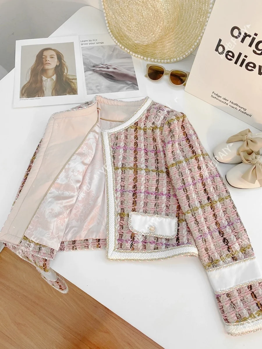 

Розовое твидовое стеганое пальто-жакет в стиле французского шика, осенне-зимняя новинка, высококачественное, элегантное, женственное, на пуговицах, с длинными рукавами