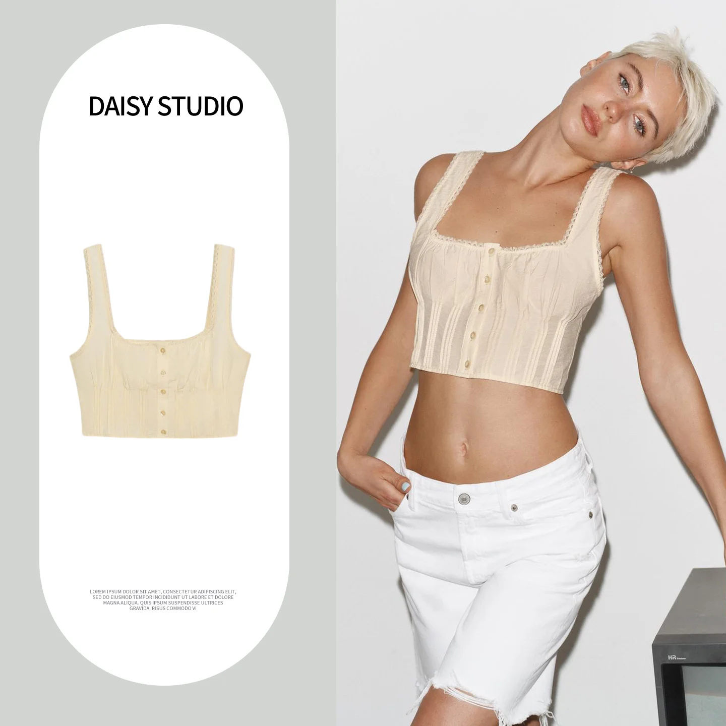 

Elegant Women's Short Shirt Spring New Arrival Lace Wide Pleat Single Button Square Collar Breathable Polyester Fiber