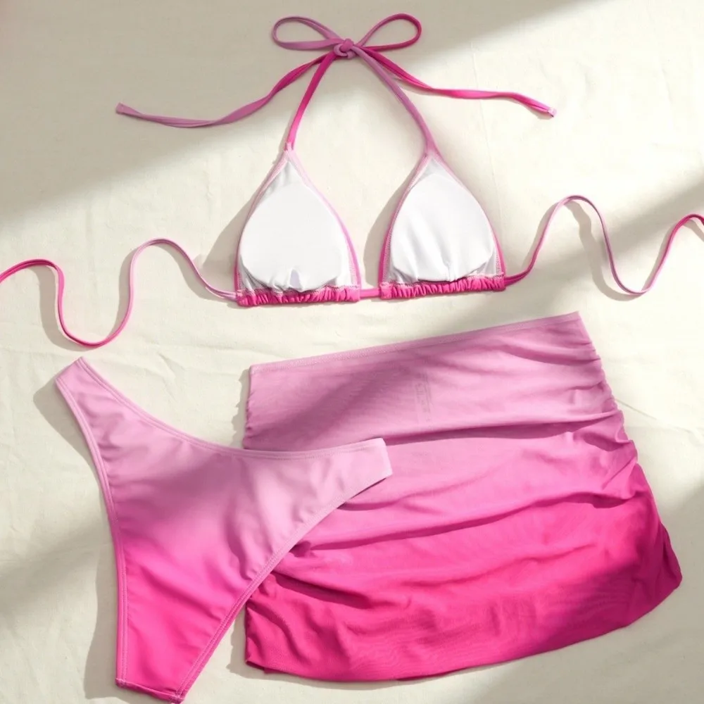 Lace Up 3 in 1 Gradient Color Swimwear Set Slim Fit Deep-V Bikini Bathing Suit Beachwear Clothing Sleeveless Swimsuit Ladies