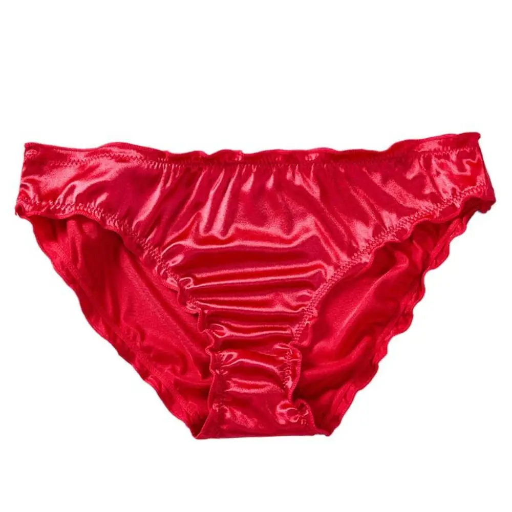 

Fashion Low Waist Satin Silk Panties Solid Color Underpants Ruffles Briefs Underwear Breathable Women's Panties Lady