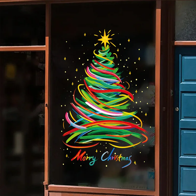Color Brush Stroke Christmas Tree Static Window Clings No Glue Merry Christmas Glass Stickers Xmas Shop Window Home Decor Decals