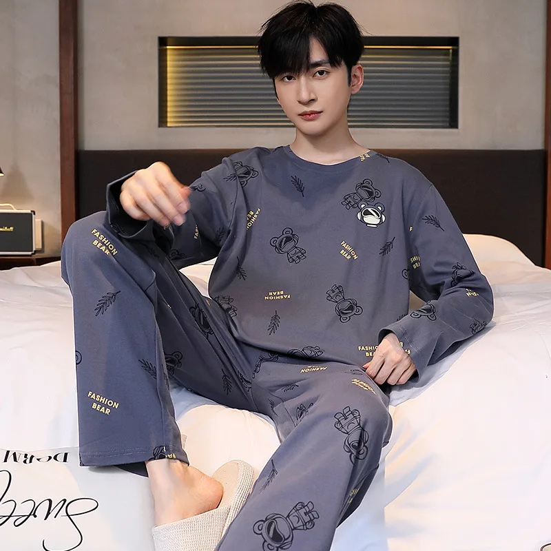 Fashion Bear Cartoon Sleepwear for Men Casual Pajama Set Long Pant with Stripe Soft Homewear Loungwear Leisure Home Clothes Pjs