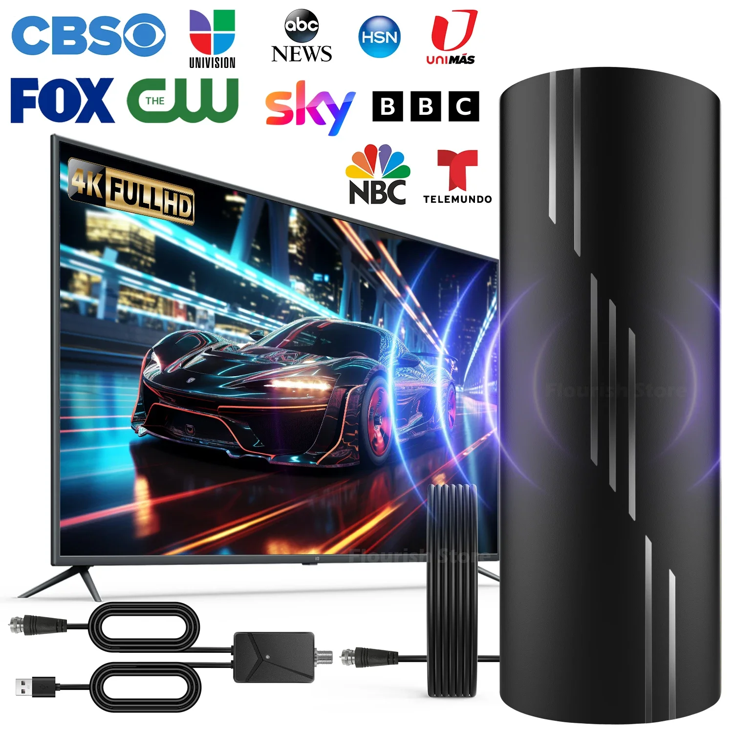 Antena de TV con alcance de 3000 millas, la más potente para canales locales, con amplificador de señal VHF UHF, cable coaxial de 33 pies, 4K1080p