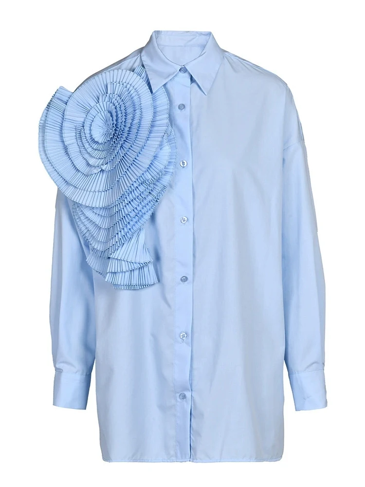 

Women's Pleated Large Flower Collar irt Street Sle Loose Fit Long Sve Pure Color Neline Polyester Fabric