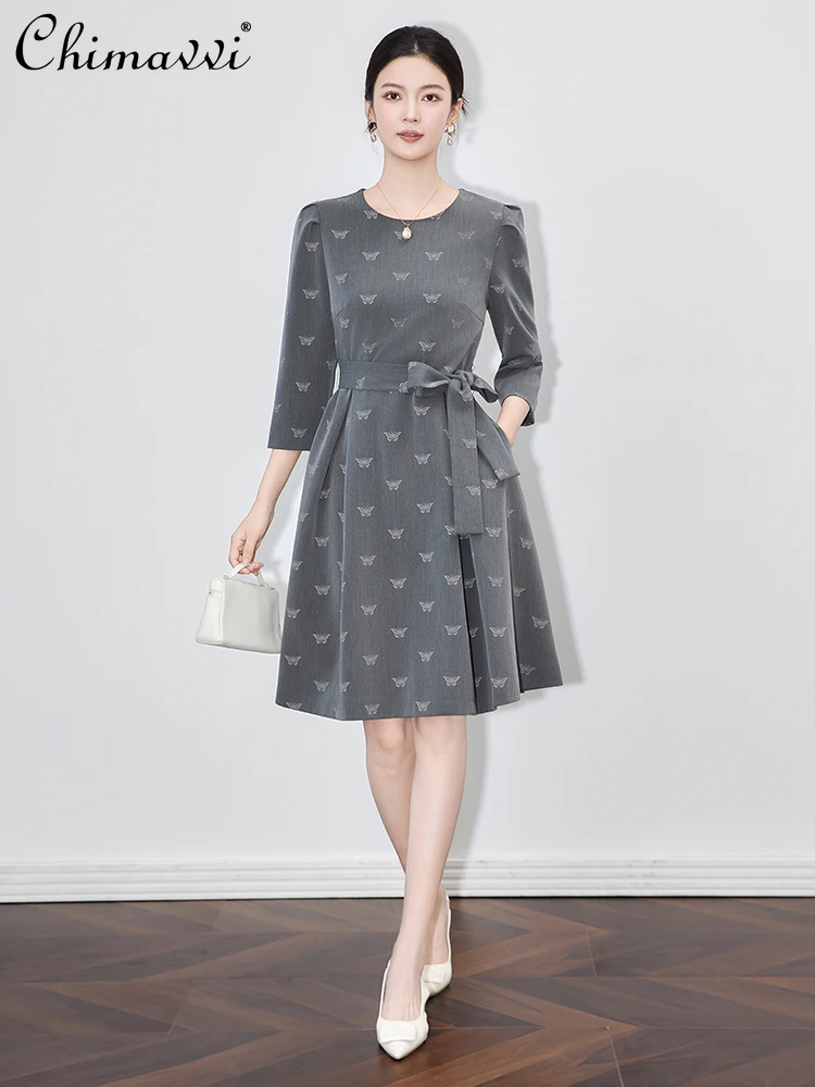 

French Elegant Commuter Vintage Dress Women Autumn Round Neck Long Sleeve Butterfly Jacquard High Waist Temperament Midi Dress