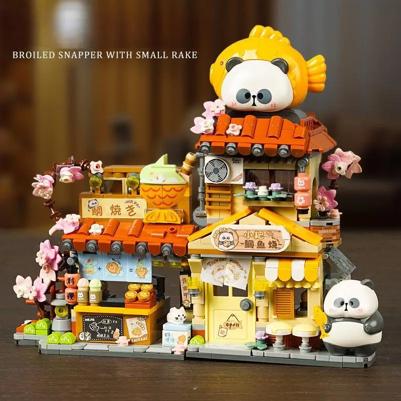 Bricolage grande maison de chat orange à la main mini vue sur la rue panda coeur boutique de cadeaux épissage bloc de construction jouet cadeau en gros