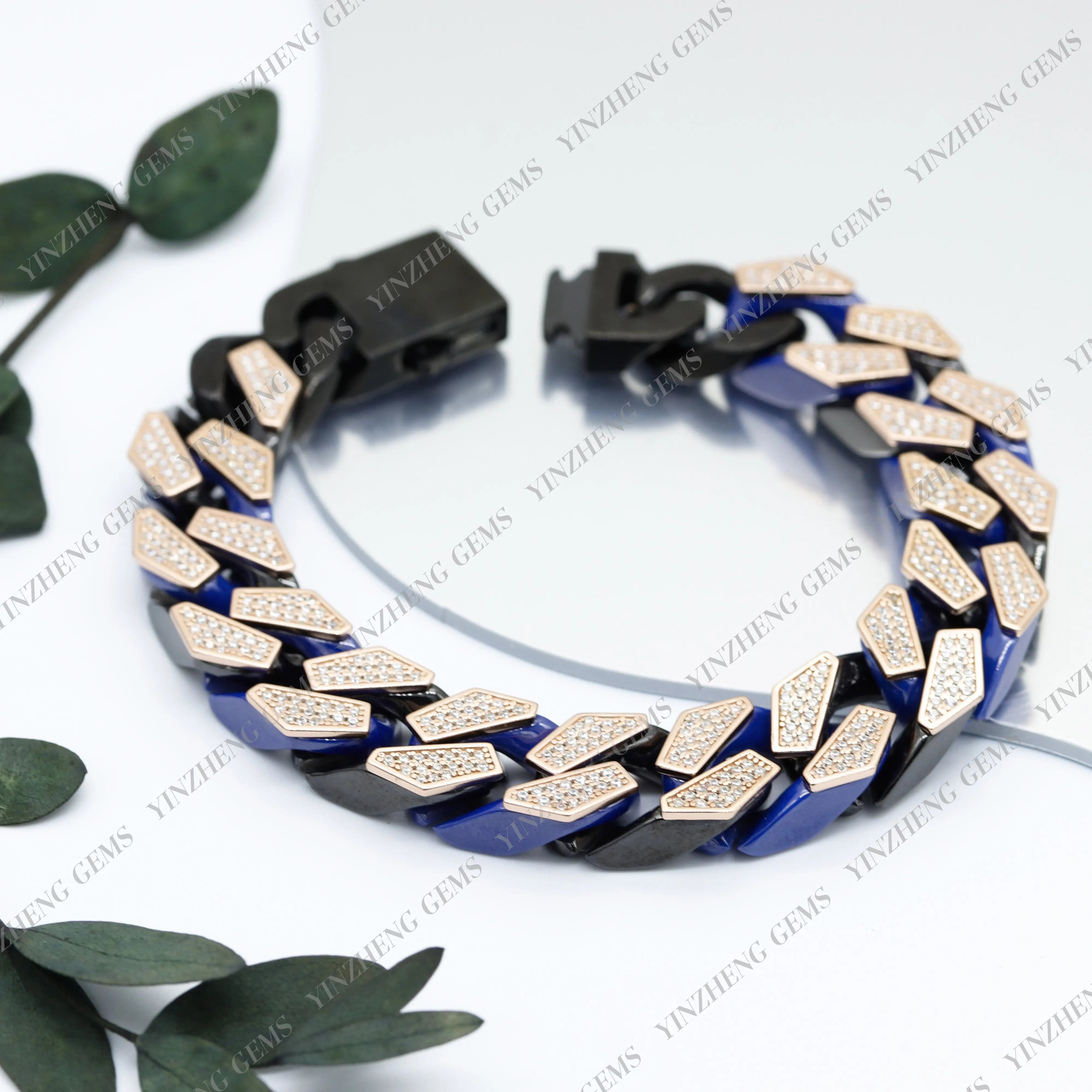 Hip Hop 30cm 925 Plata Nanocristal Porcelana Azul Negro Cadena cubana Pulsera punk