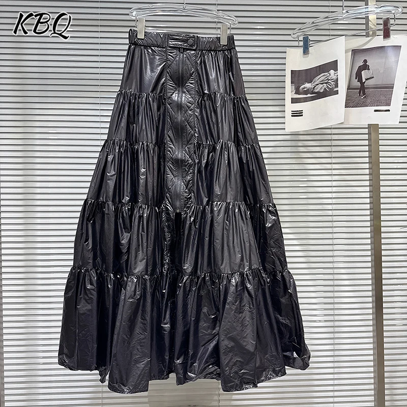 

KBQ Minimalist Solid Spliced Folds A Line Long Skirts for Women High Waist Temperament Skirt Female Autumn Fashion Style New