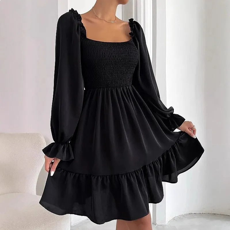 Dress Women's Simple Spring Summer Square Neck Smocked Bodice Ruffle Hem Dresses