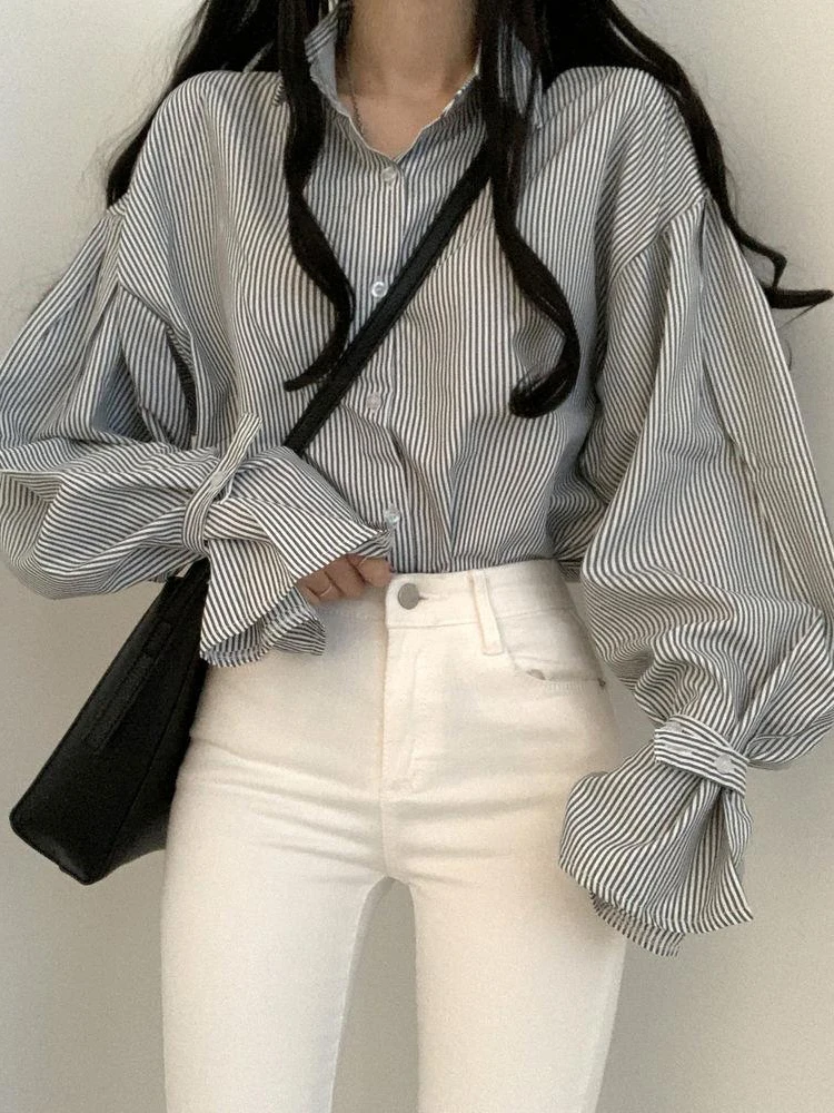 Striped Shirt Women Vintage Korean Long Sleeve Top Female Spring Preppy Style Button Up Blouse Lady Casual Loose Chic Camisas